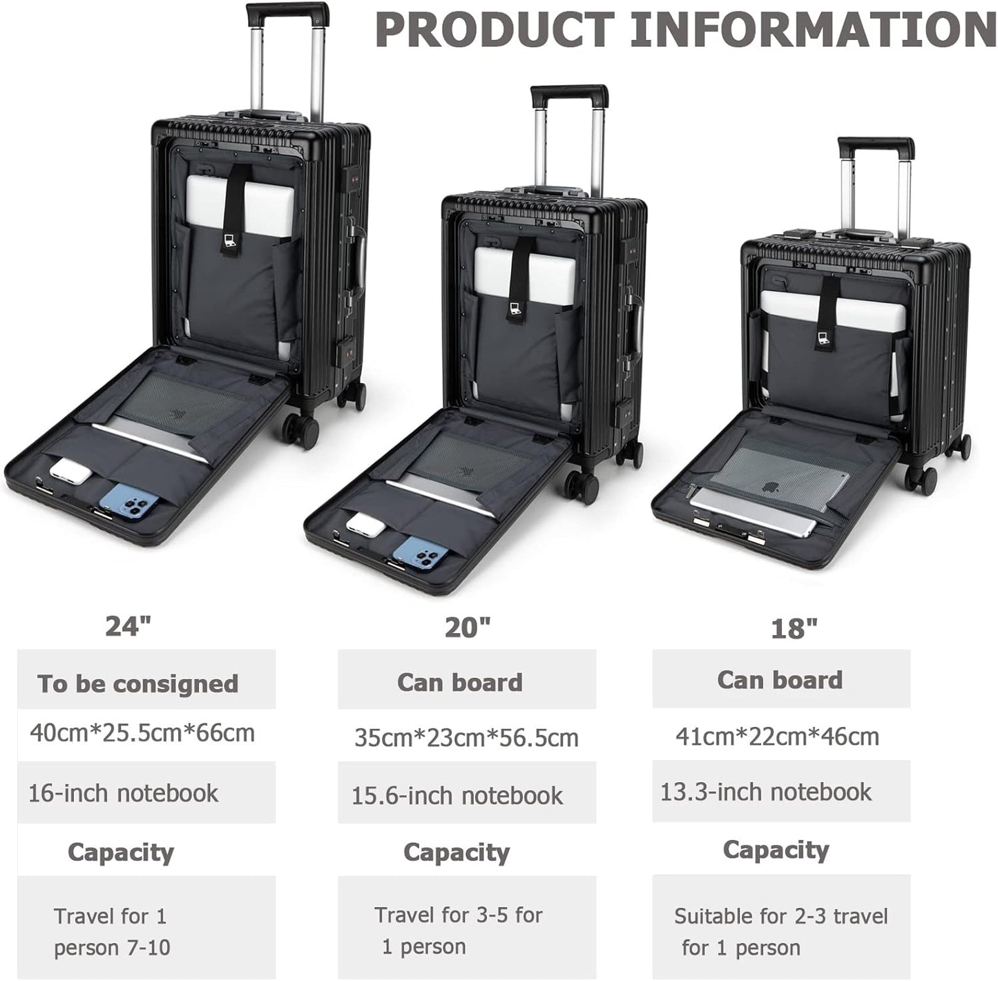 feilario 24in Aluminium Frame PC Hard Shell Spinner Wheels Luggage, Built-In TSA lock Carry on Suitcase, with Cup Holder, USB Port, Phone Holder