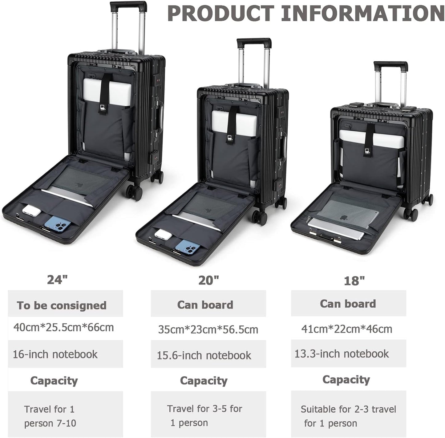 feilario 20in Aluminium Frame PC Hard Shell Spinner Wheels Luggage, Built-In TSA lock Carry on Suitcase, with Cup Holder, USB Port, Phone Holder