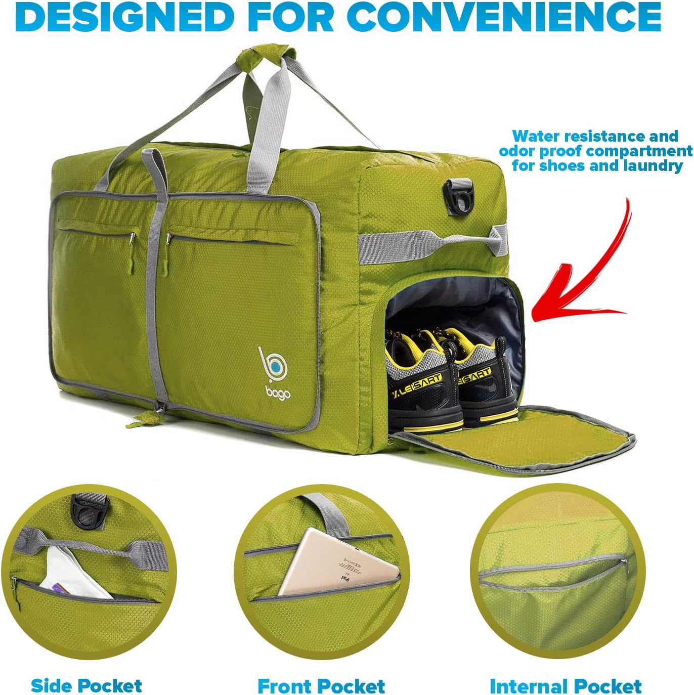 Bago Large Foldable Duffel Bags for Traveling Women & Men - 120L Packable Duffle Bag for Travel with Shoe Compartment - Water Repellant, Heavy Duty, Lightweight Folding & Collapsible (Green)