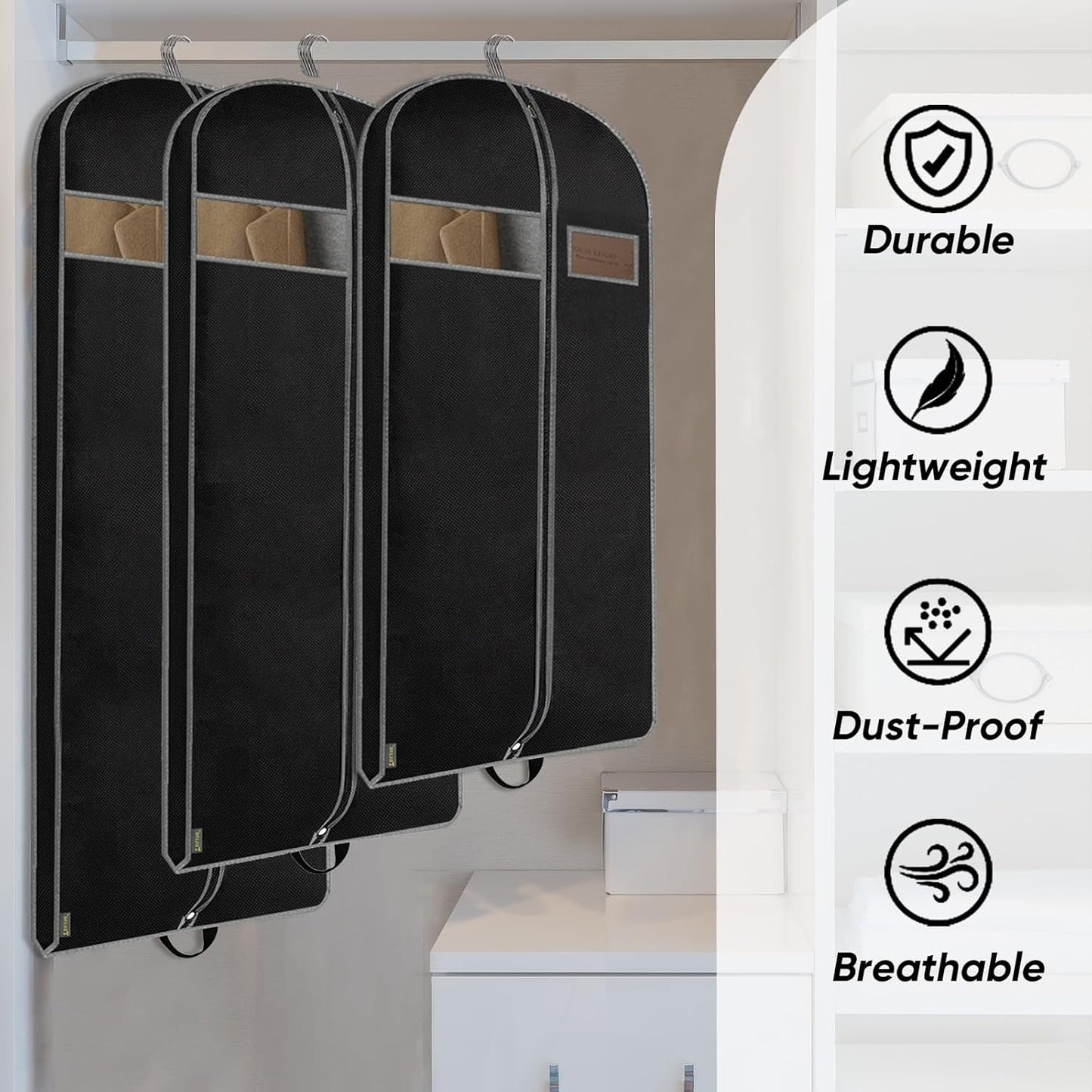 BALEINE 5PK Heavy Duty Garment Bag with Shoe Storage Travel Bag for Dresses, Suit, Coats Travel Essential (54", Black)