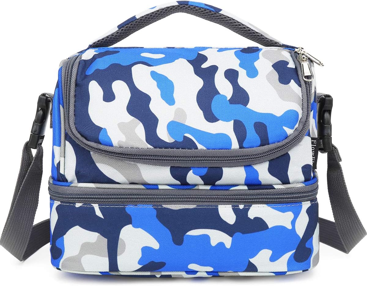 FlowFly Kids Double Decker Cooler Insulated Lunch Bag Large Tote for Boys, Girls, Men, Women, With Adjustable Strap, Blue Camo