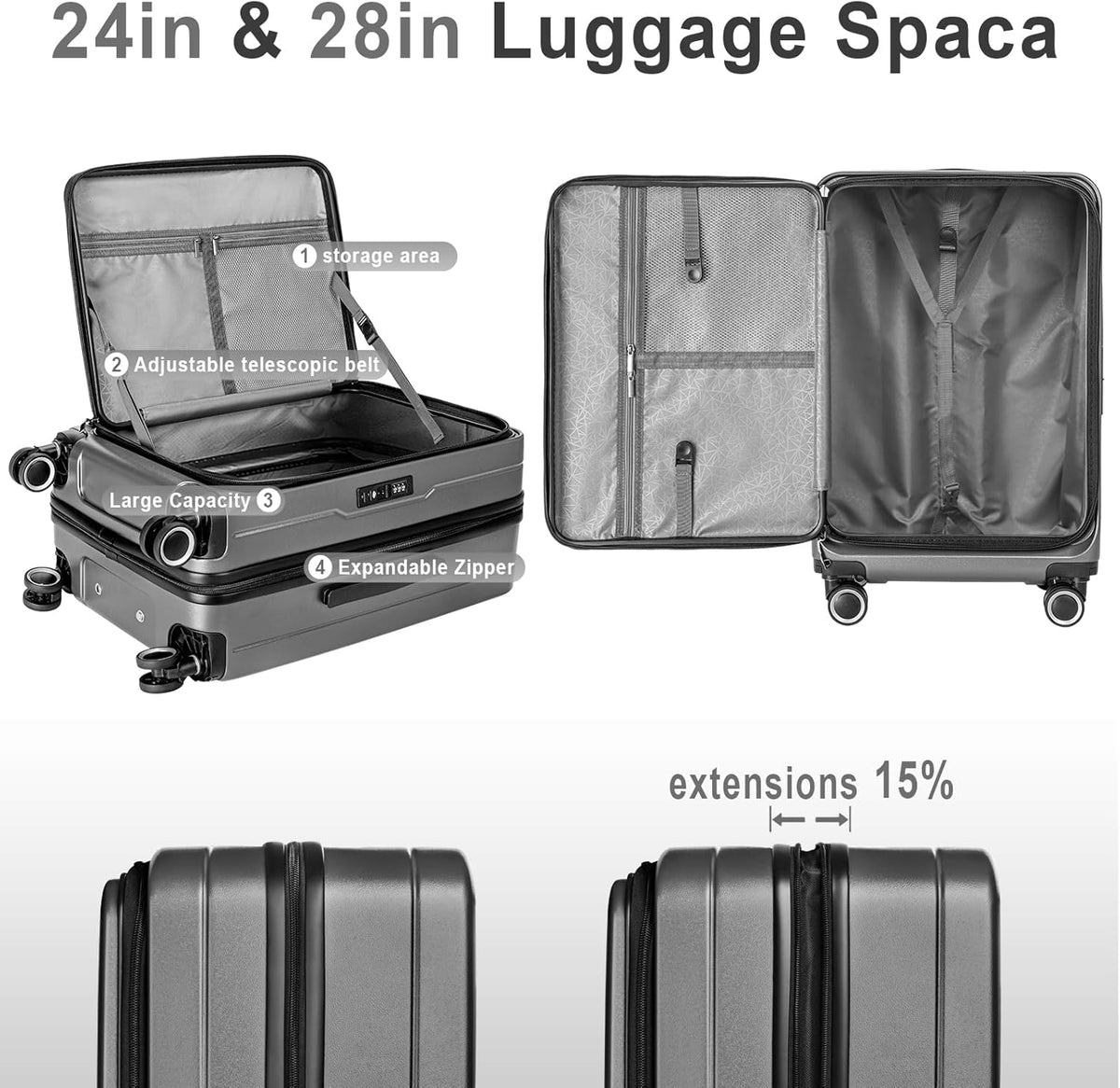 Luggage Sets 3 Piece, ABS Lightweight 20in/24in/28in Luggage, Expandable Carry On Suitcase Set with TSA Lock & Double Wheels, Front Open Hardshell Luggage Sets (Grey)