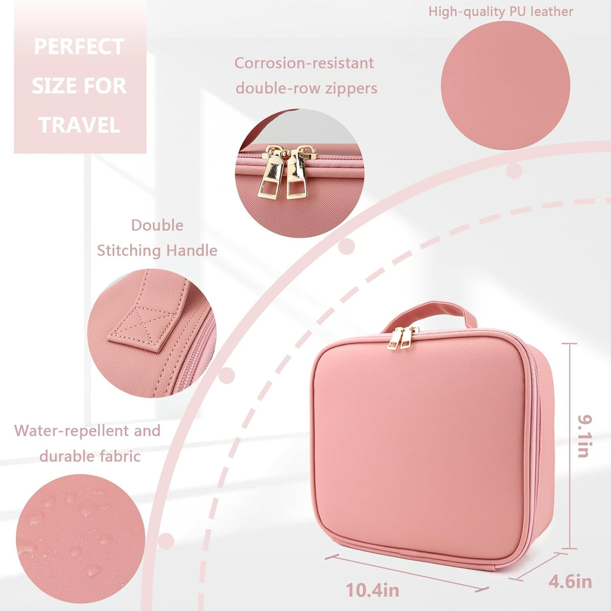 Travel Makeup Bag for Makeup Artists Large Makeup Case,with Mirror 3 Color Setting and Detachable 10x Magnifying Mirror Travel Makeup Bag,Portable Storage and Adjustable Dividers（pink）