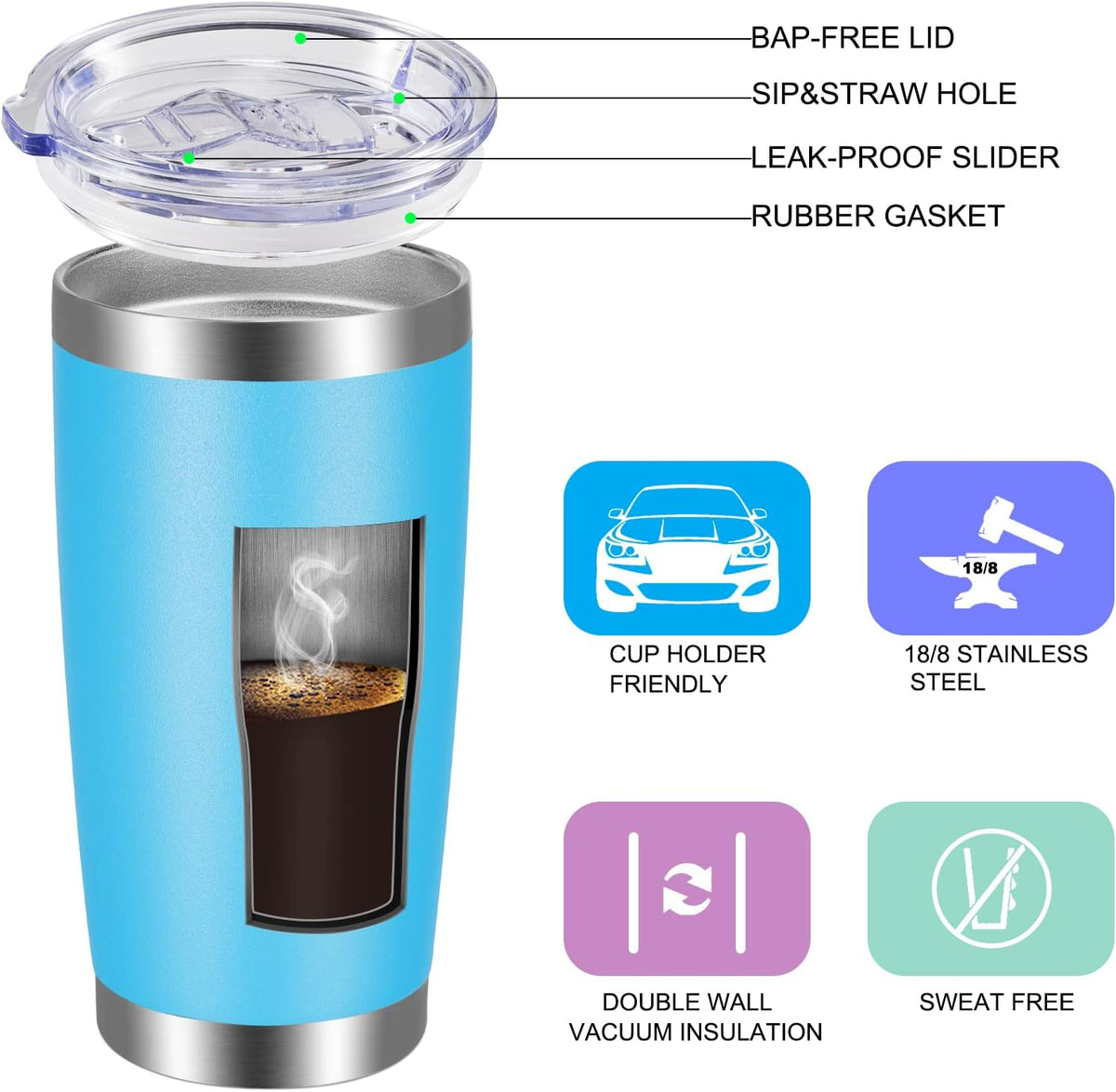 VEGOND 20oz Tumbler with Lid and Straw Stainless Steel Tumbler Cup Bulk Vacuum Insulated Double Wall Travel Coffee Mug Powder Coated Coffee Cup(Sky Blue 12 Pack