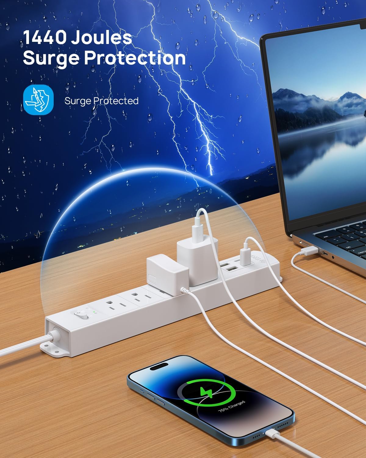 TROND Flat Plug Power Strip USB-5ft Flat Extension Cord Surge Protector Wall Mount, 2 Type C & 2 USB A Ports with Multiple Outlets, 1440J, 1625W for Office Supplies Dorm Room Essentials, White