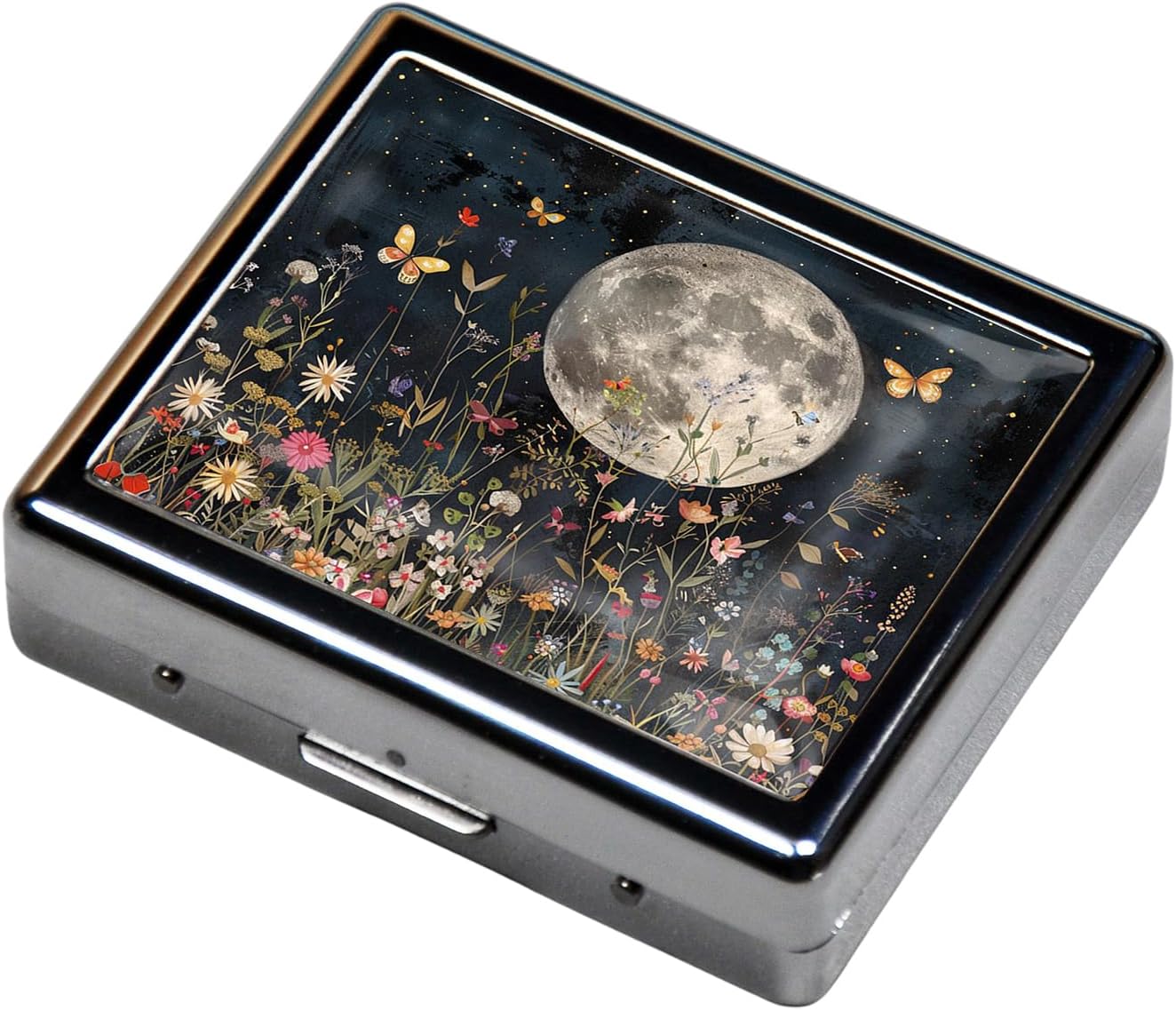 Cute and Portable Metal Pill Organizer – 8 Compartments, Elegant Chrome Finish, Ideal for Travel and Daily Use (Moonlit Garden)