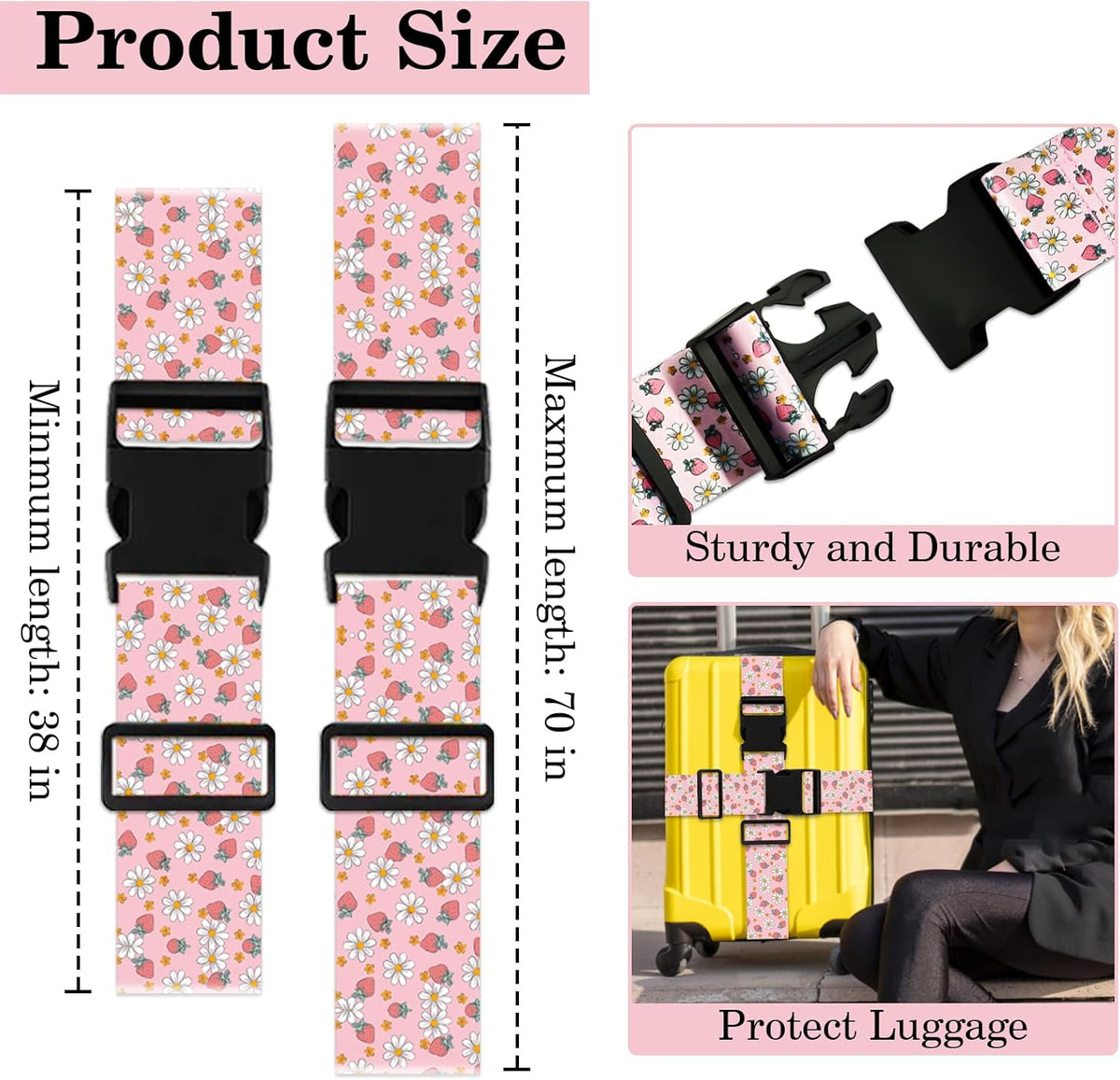 Strawberry Luggage Straps for Suitcases TSA Approved, Luggage Identifiers for Suitcase, Adjustable Suitcase Strap for Baggage Security with Cute Patten, Travel Necessary Accessories