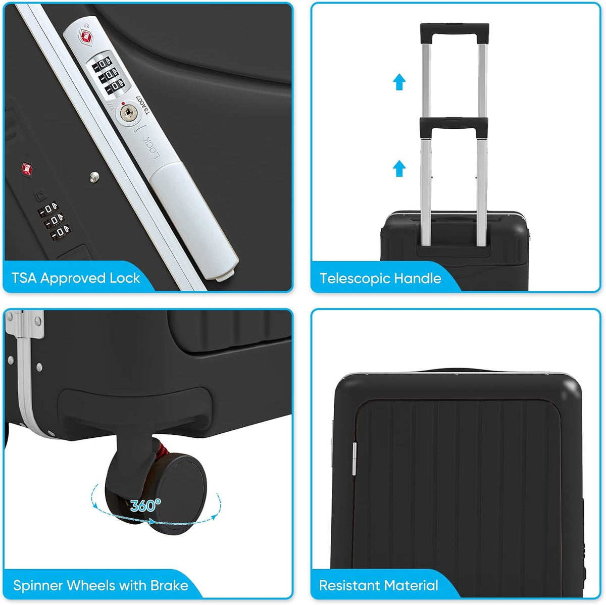 TABU 20" Ride-on Luggage with Seat，Front Opening Carry-On Hardshell Ride On Suitcase with Built-in Charging Port, 360° Lockable Spinner and TSA Lock, for Kids & Adults, Black