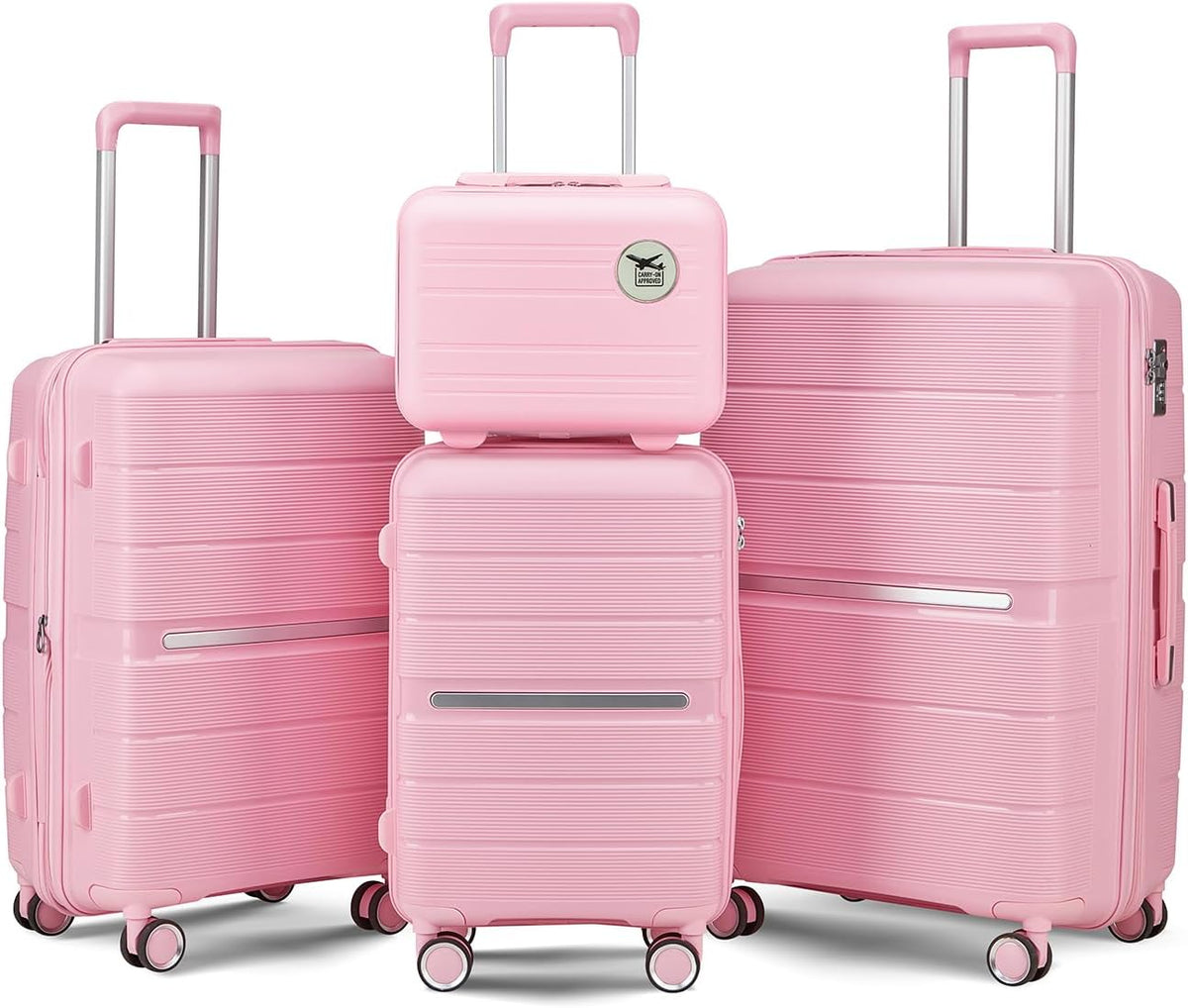 Campfun Luggage 4 Piece Sets, Expandable Carry On Luggage Set Hardshell PP, Suitcase Set with Double Spinner Wheels, Checked Durable Lightweight with TSA Lock, 14in 20in 24in 28in-Pink(A)
