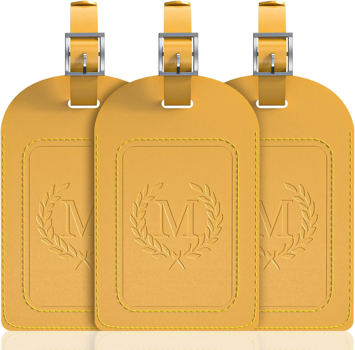 FESAS 3 Pack A-Z Alphabet Luggage Tags - Faux Leather Suitcase Tags with Privacy Cover & Replaceable Card - Initial Letter Monogram for Bags (Yellow)