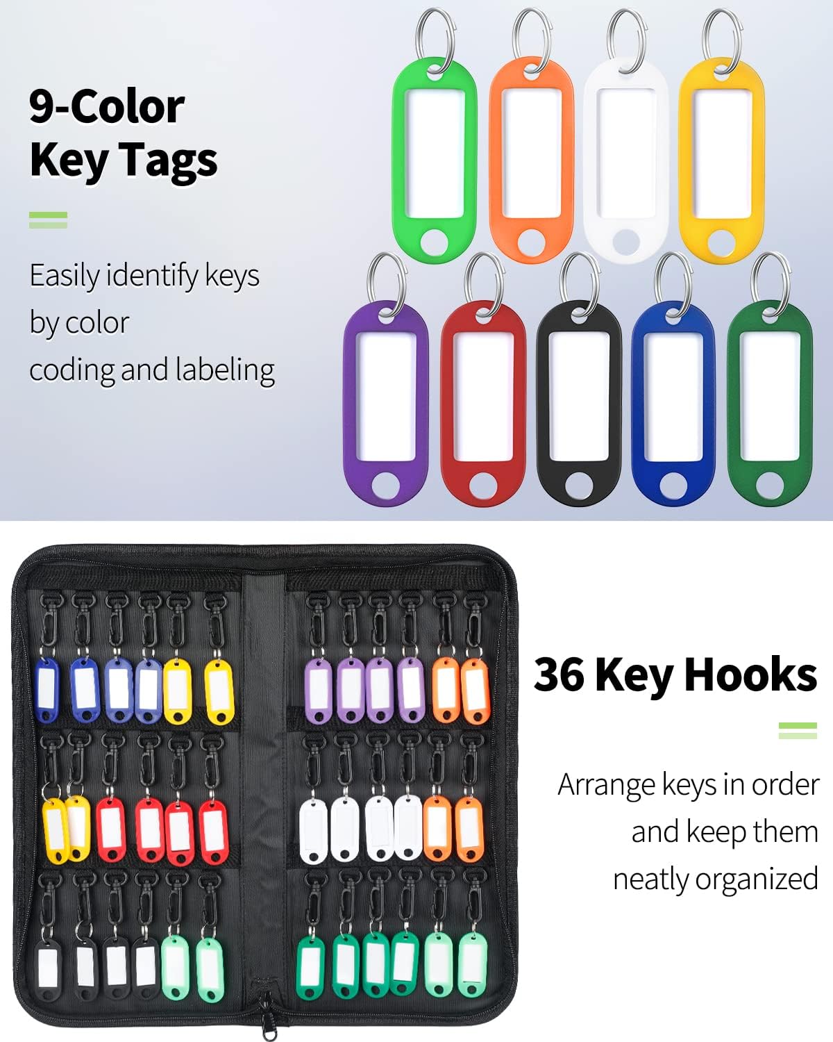 Uniclife Zippered Key Case Organizer Waterproof and Fireproof Key Binder with 36 Hooks and Tags Portable Key Storage Book for Offices Real Estate Agencies Hotels and Rental Management