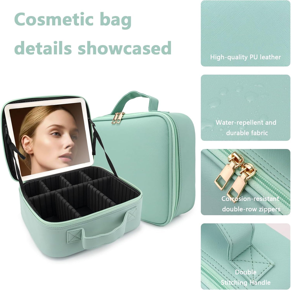 Travel Makeup Bag with LED Lighted Mirror, Travel Makeup Organizer,3 Color Setting Cosmetic Makeup Box, Adjustable Dividers and Brush Holder（light green）