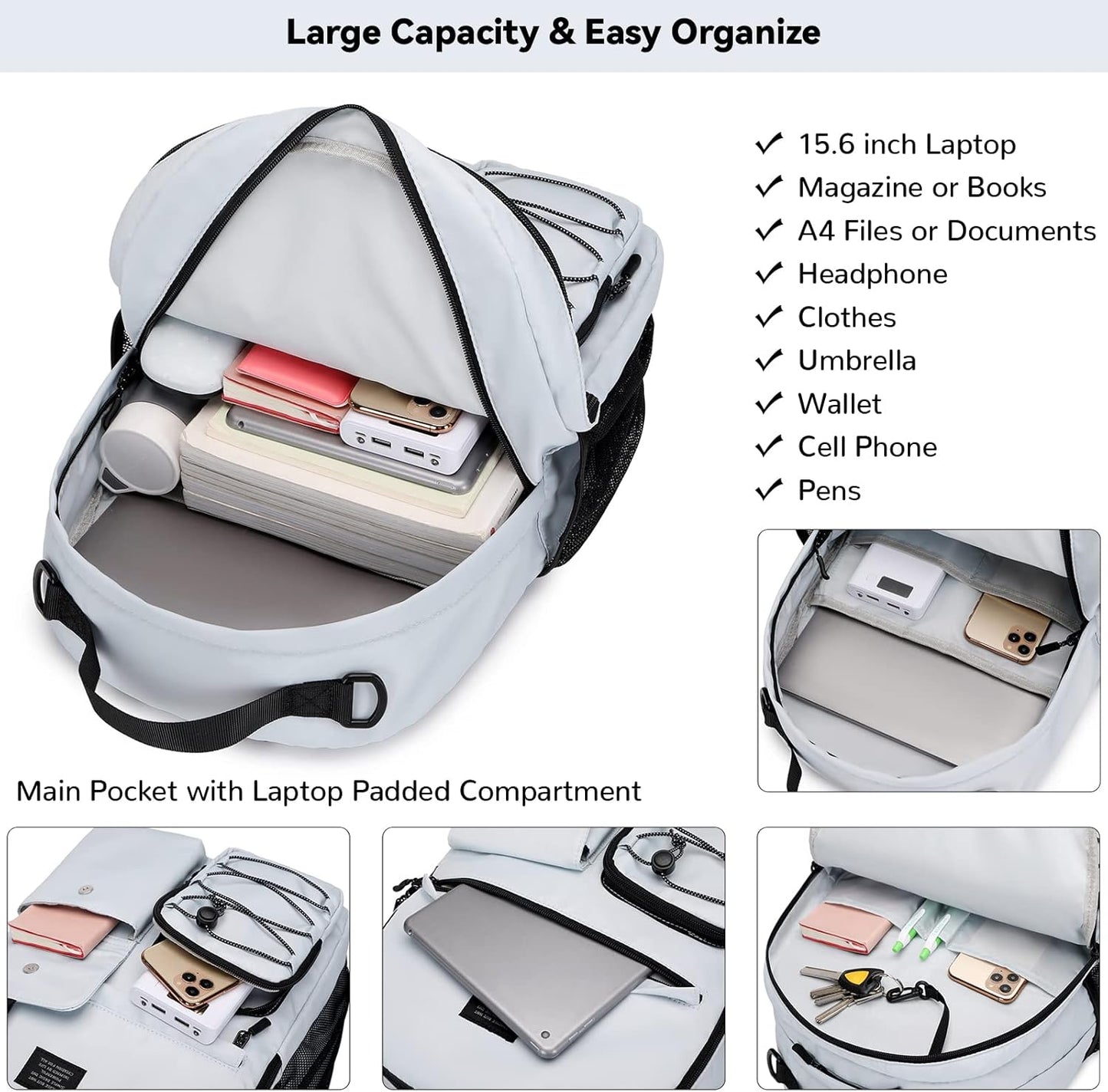 Lohol Water Resistant Backpack for Travel School Work, Casual Daypack with Anti Theft Pocket for Teen Girls Boys (Navy)