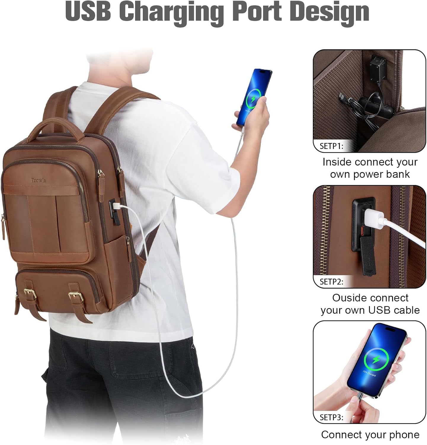 Tzowla Leather Laptop Backpack, Bag for Men and Women,Business Travel Work Rucksack Fits 15.6 Inch Laptop, Bookbag with USB and Type-C Charging Port-Brown