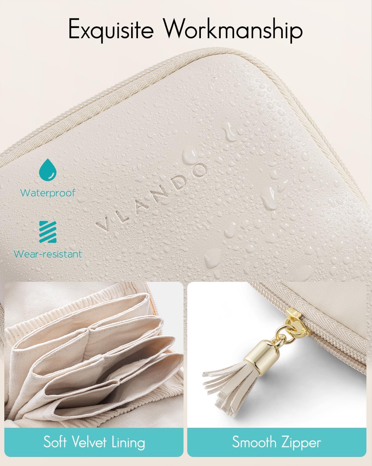 Vlando Small Travel Jewelry Case,Travel Gifts for Women,Jewelry Pouch Bags with Zipper,Velvet Jewelry Organizer Storage Bag for Bracelet Rings Earring-Cream White