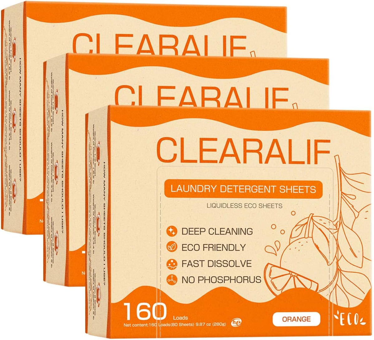 Laundry Detergent Sheets (480 Loads), Orange,Great For Travel,Apartments, Dorms,CLEARALIF Laundry Detergent Strips Eco Friendly & Hypoallergenic (80 Count, Pack of 3)