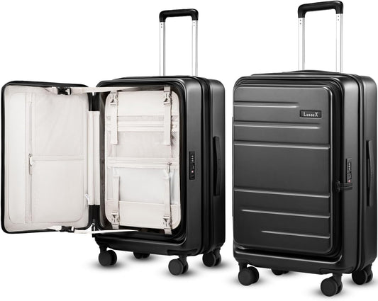 LUGGEX Checked Luggage with Spinner Wheels, FLO5 Expandable Polycarbonate Hard Shell Suitcase with TSA Approved Lock (FX-Core, Black, 24 Inch)