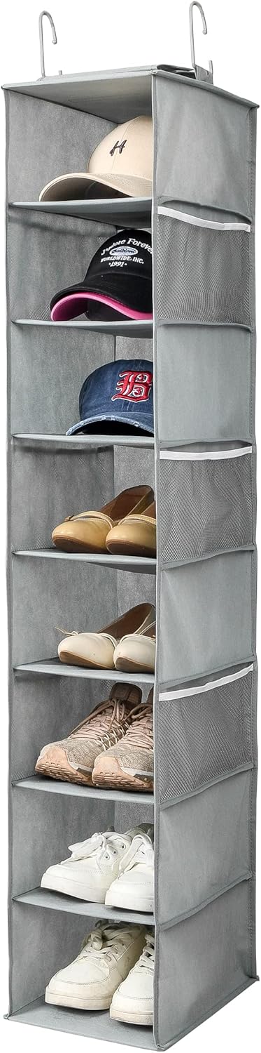 Hanging Shoe Organizer for Closet with Side Mesh Pockets，Hat Racks for Baseball Caps，Shoe and Hat Holder & Storage，8-Shelf，Gray，1 Pack