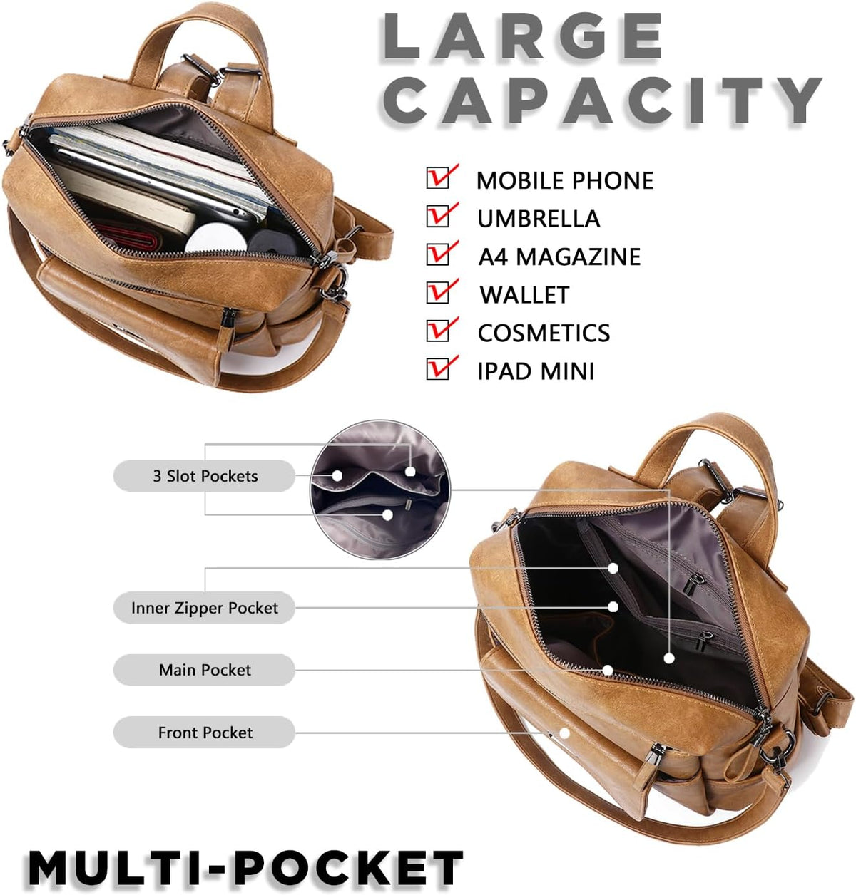 PU Leather Backpack Purse for Women Fashion Multipurpose Design Handbag Ladies Shoulder Bags Travel Backpack Camel