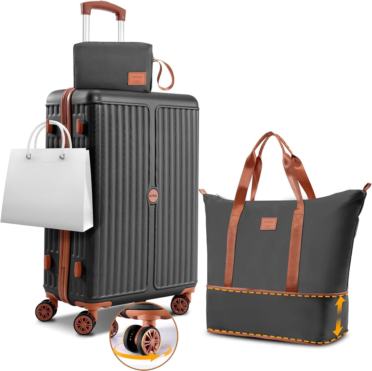 Hoteel 3 Piece Luggage Set with Spinner Wheels (4-YEAR WARRANTY), Carry on Luggage for Travel with TSA Lock, Hardshell ABS+PC Suitcase Set, 20" Suitcase + Expandable Duffel Bag + Cosmetic Bag(Black)