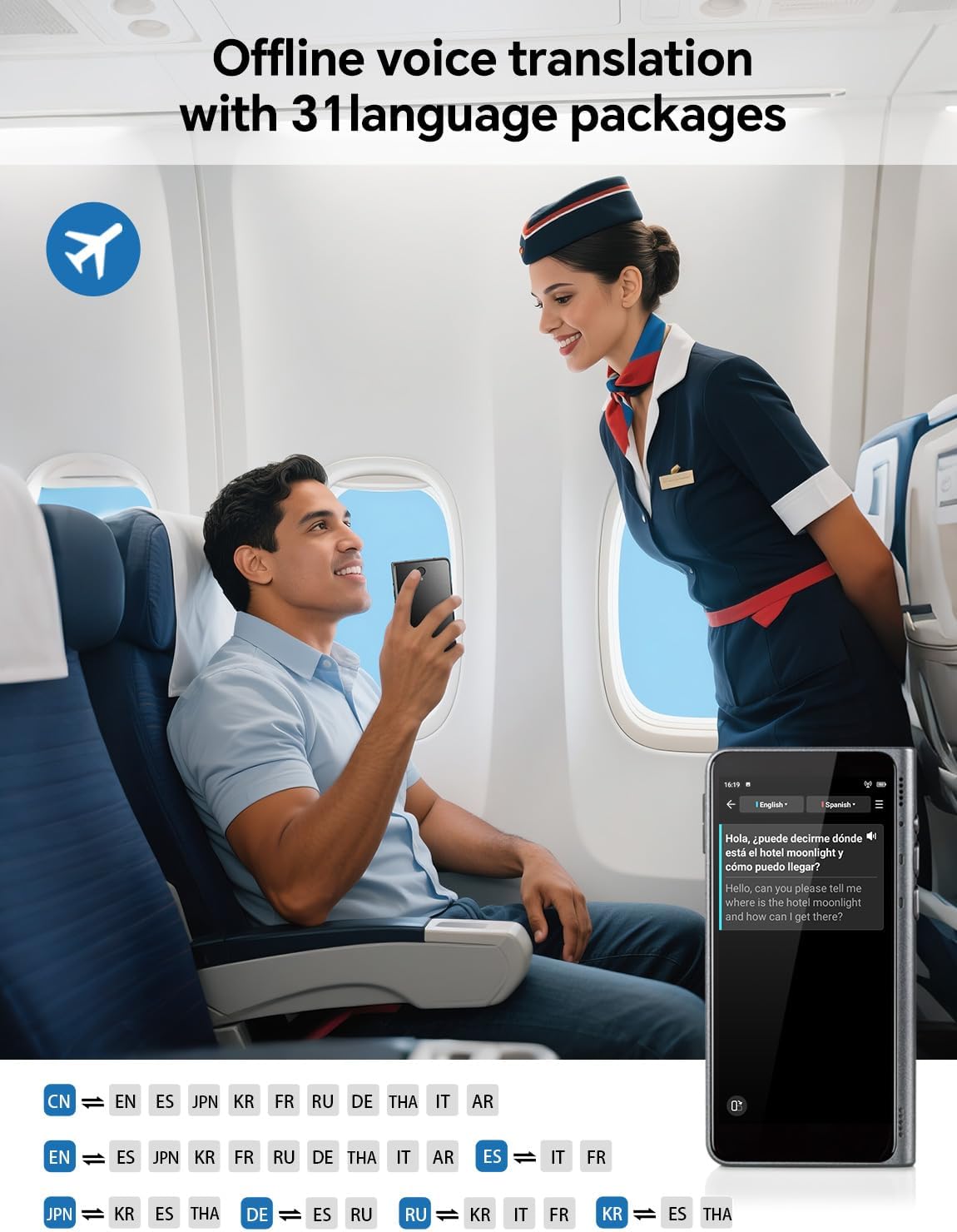 Timekettle Fluentalk New T1 Translator Device Supports 40 Languages, 31+ Offline Language Pairs, Photo Translation, No WiFi Needed, 2-Year Global Data, 4" HD Screen for Travel