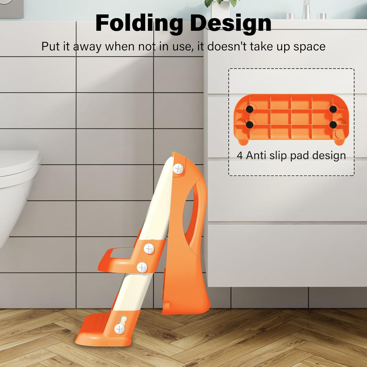 Potty Training Seat with Step Stool Ladder, Adjustable Foldable Potty Seat for Toilet with Anti-Slip Pads Ladder for Kids Boys Girls Toddlers - Orange