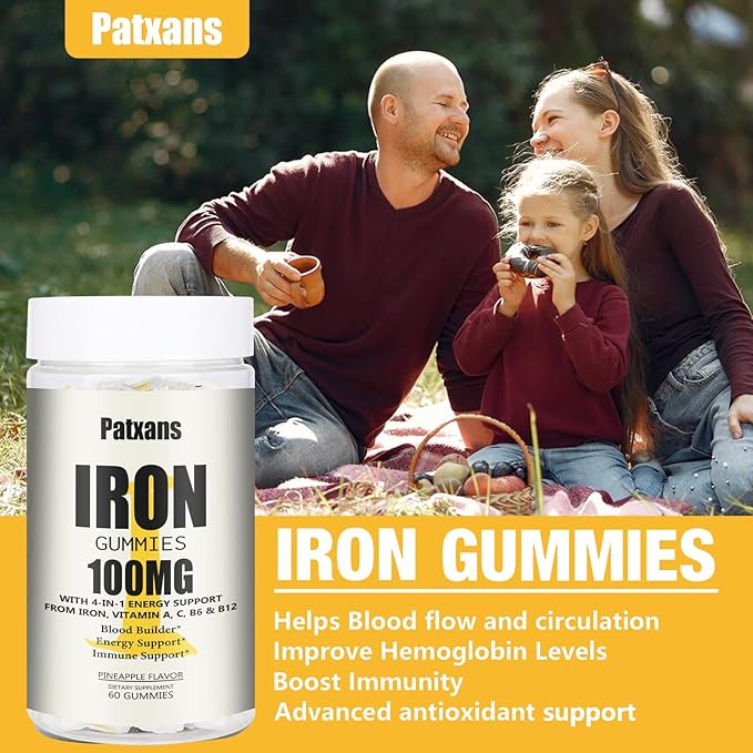 1 Pack 100MG Iron Supplement Gummies for Women & Men - with Vitamin A, C, B - Energy Support for Iron Deficiency, Anemia, Adults ＆ Children, Pineapple Flavor Gummy, 60ct