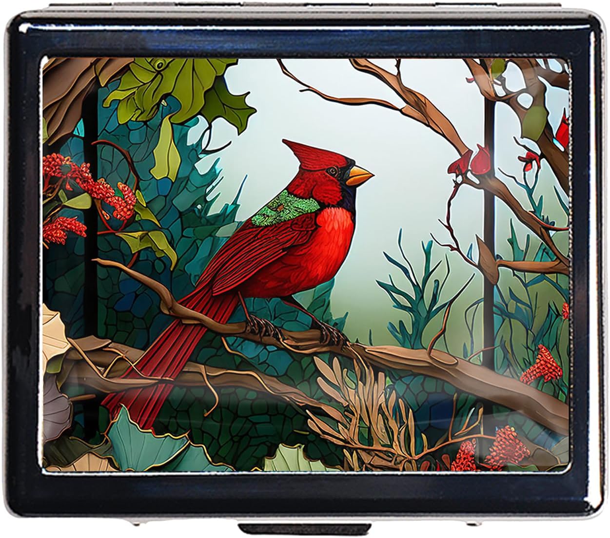 Silver Vintage Pill Box 7 Day Metal Pill Box with Mirror and 8 Compartments Cute Travel Pill Organizer for Purse (Cardinal Stained Glass)