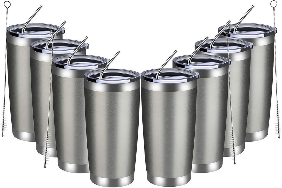 MEWAY 20oz Tumbler 8 Pack Double Wall Vacuum Insulated Travel Mug Bulk, Stainless Steel Tumblers with Lid and Straw, Durable Powder Coated Coffee Cups for Cold & Hot Drinks (Cold Gray, 8)