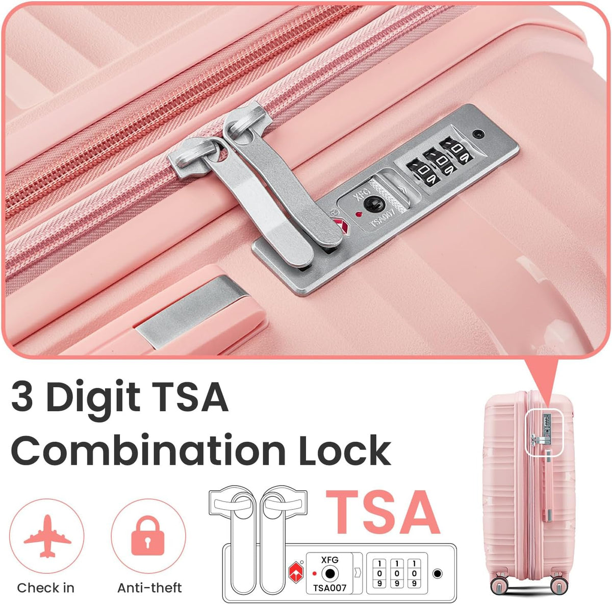 Campfun Luggage 4 Piece Sets, Expandable Carry On Luggage Set Hardshell PP, Suitcase Set with Double Spinner Wheels, Checked Durable Lightweight with TSA Lock, 14in 20in 24in 28in-Pink(C)