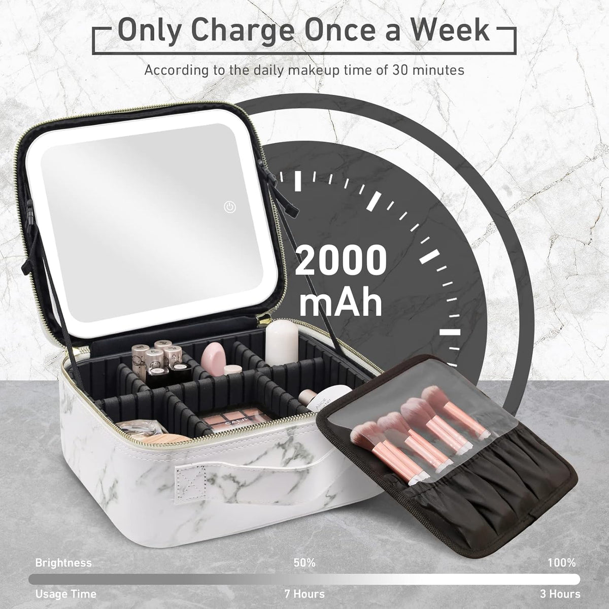 Makeup Bag with Mirror and Light, Makeup Case with Lighted Mirror, Travel Makeup Bag with Light up Mirror 3 Color Lights, Makeup Organizer Bag with Adjustable Dividers & Brush Holder(Marble)