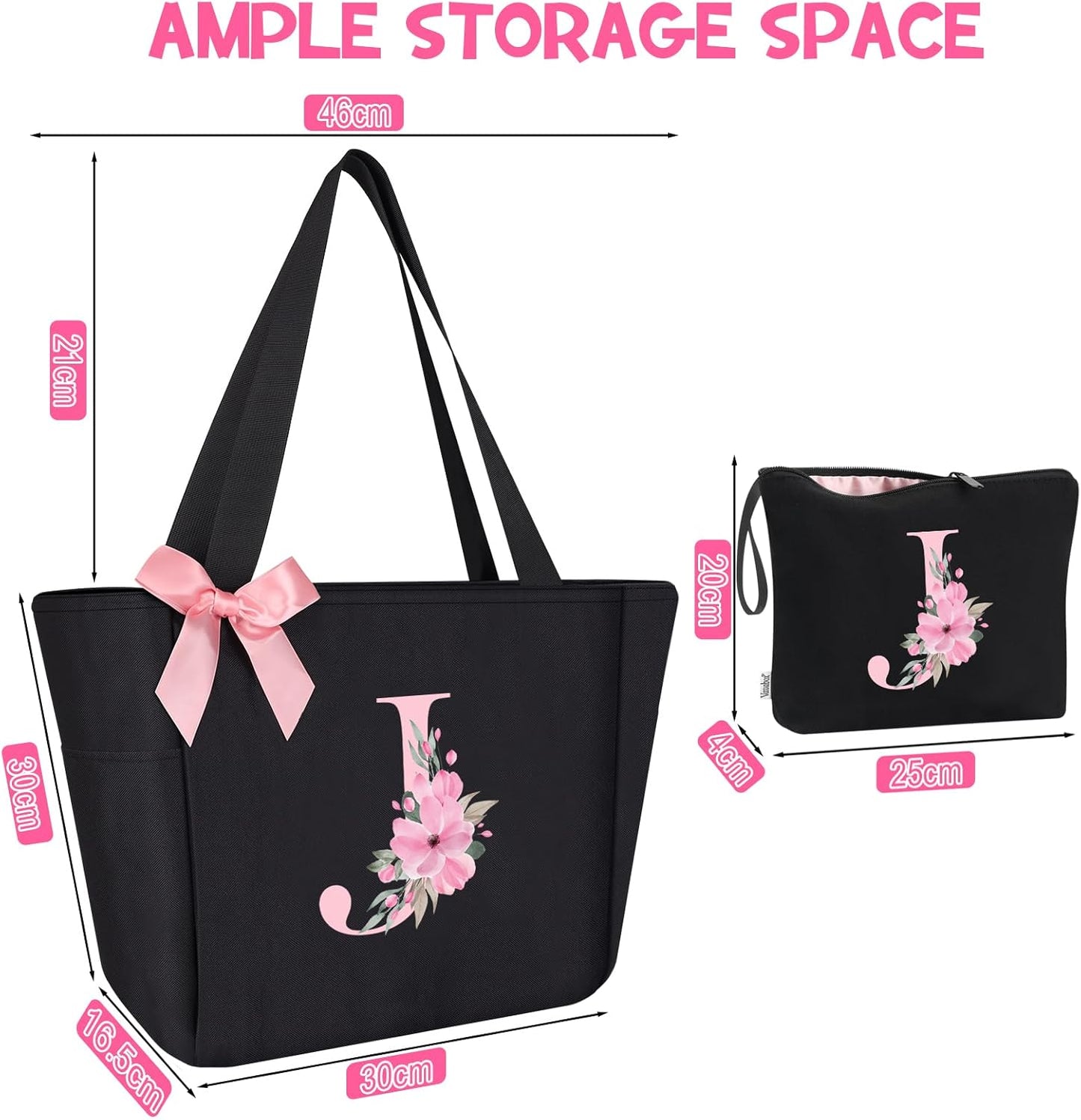 Vavabox Tote Bag, A-Z Initial Monogrammed Waterproof Tote Bag, Bridesmaid Gifts for Women, Black and Pink