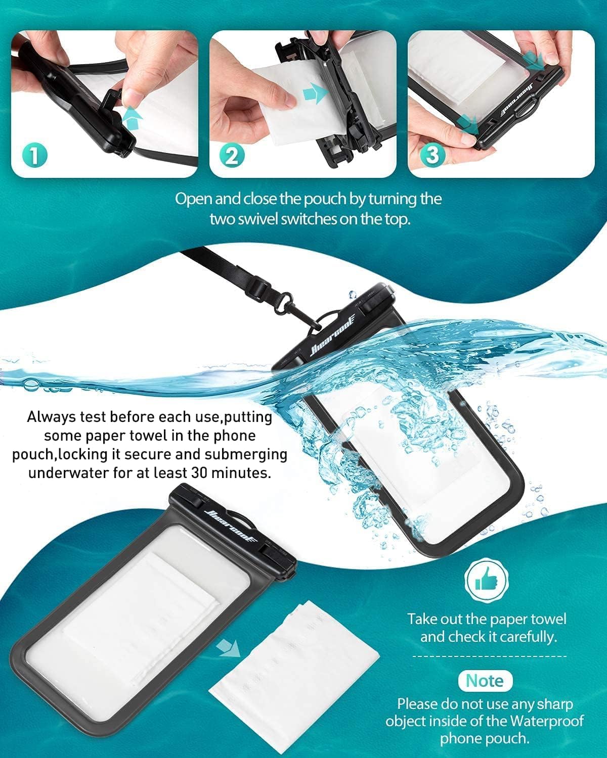 Hiearcool Waterproof Phone Pouch, Waterproof Beach Bag Compatible for iPhone 16 15 14 13 Pro Max, IPX8 Cellphone Travel Essentials for Beach -Black & Sky Blue-2Pack