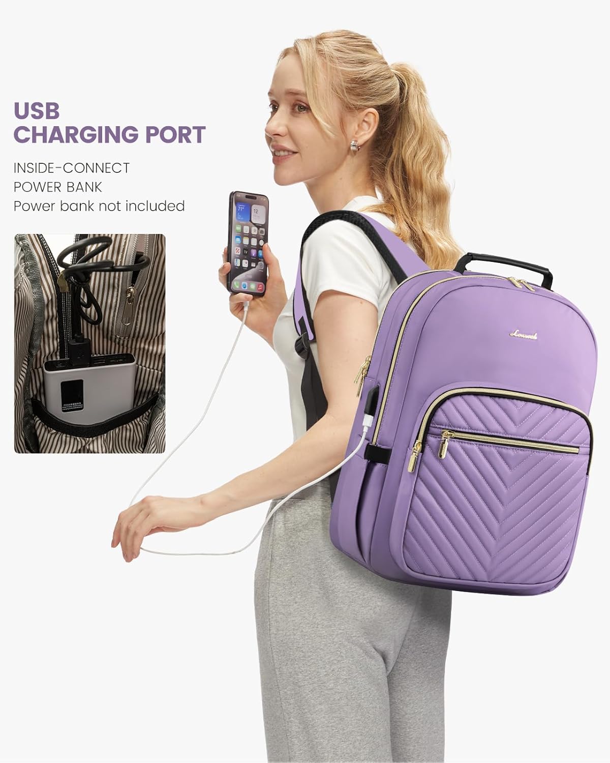 LOVEVOOK Laptop Backpack Purse for Women, Work Travel Computer Bags, College School Backpack for Student Girl, Quilted Casual Daypack with USB Port, Fit 15.6 Inch Laptop, Purple