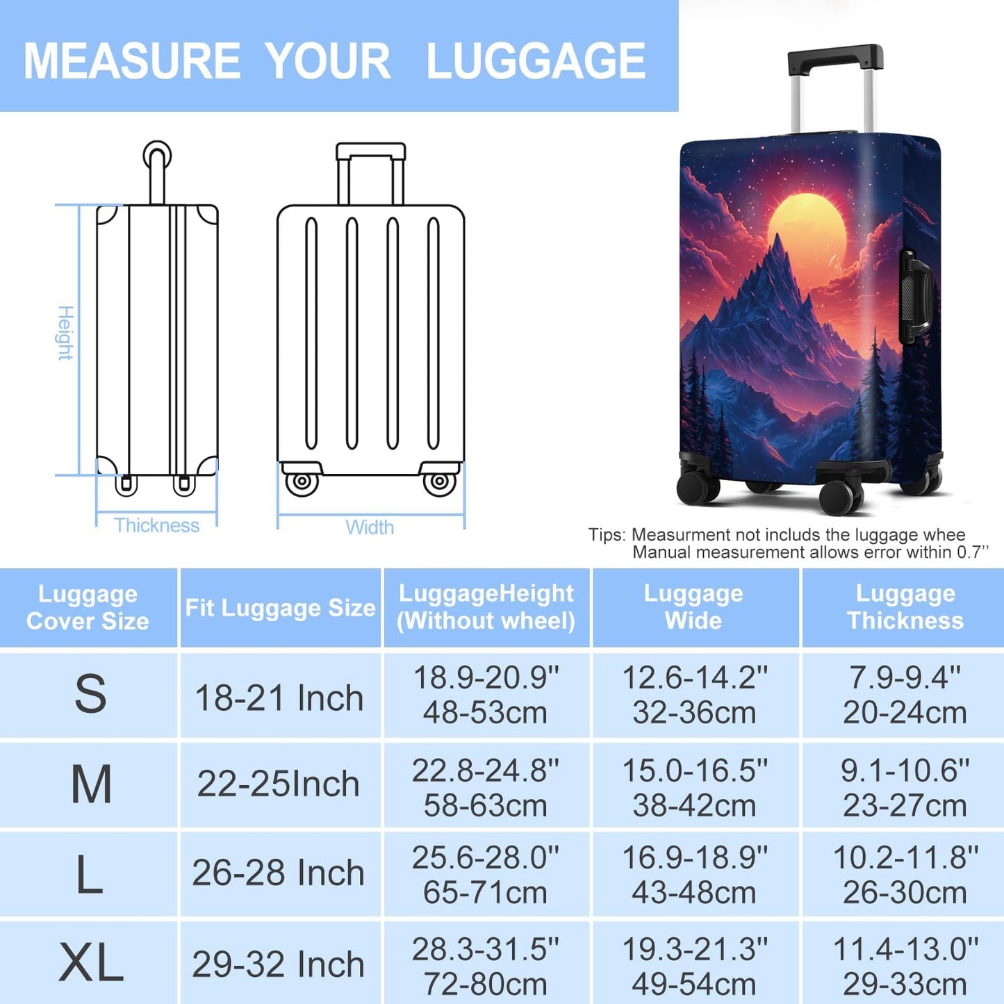 Luggage Cover Washable Suitcase Protector Anti-scratch Suitcase cover Fits 20-34 Inch Luggage (Snow mountain, M(24-26inch suitcase))