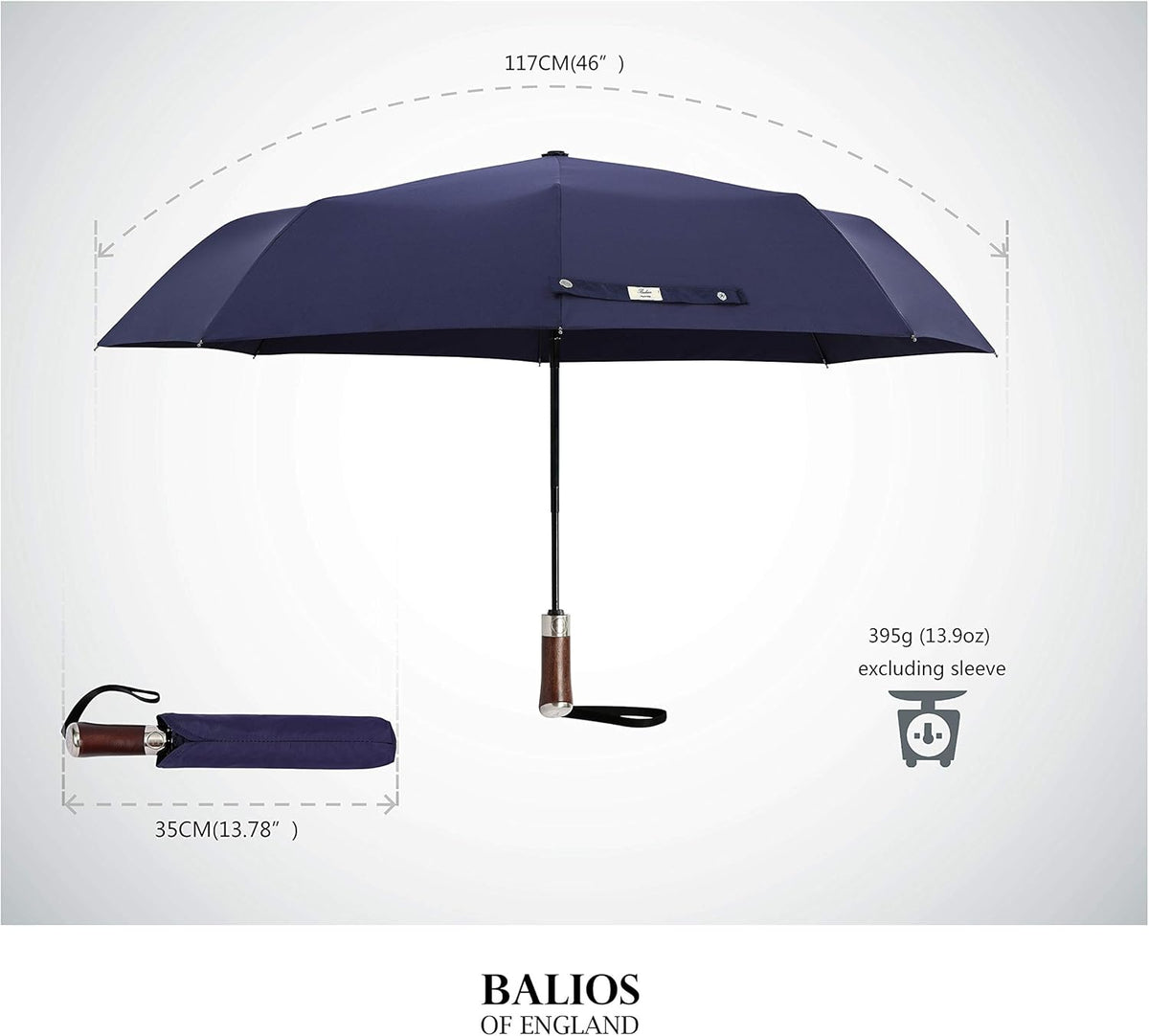 Balios (Designed in UK) Travel Umbrella Luxurious Golden Hardwood Handle Auto Open & Close Windproof Frame Single Canopy Automatic Folding Umbrella Men's & Ladies