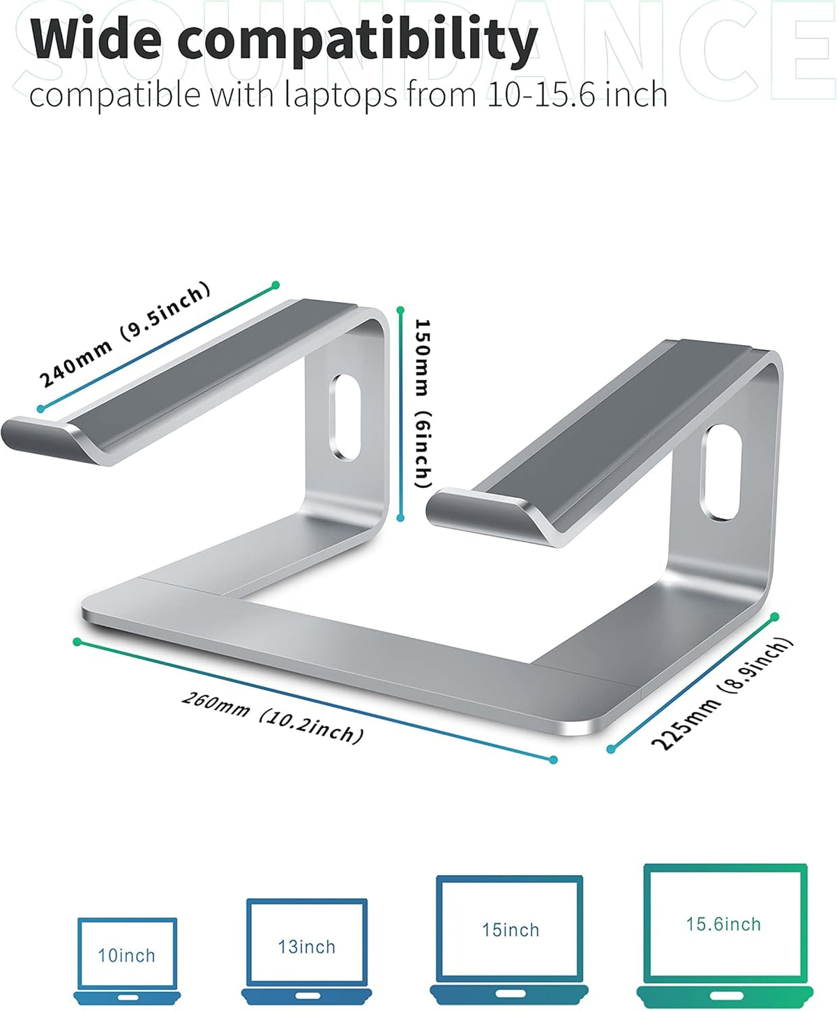SOUNDANCE Laptop Stand, Aluminum Computer Riser, Ergonomic Laptops Elevator for Desk, Metal Holder Compatible with 10 to 15.6 Inches Notebook Computer, Silver