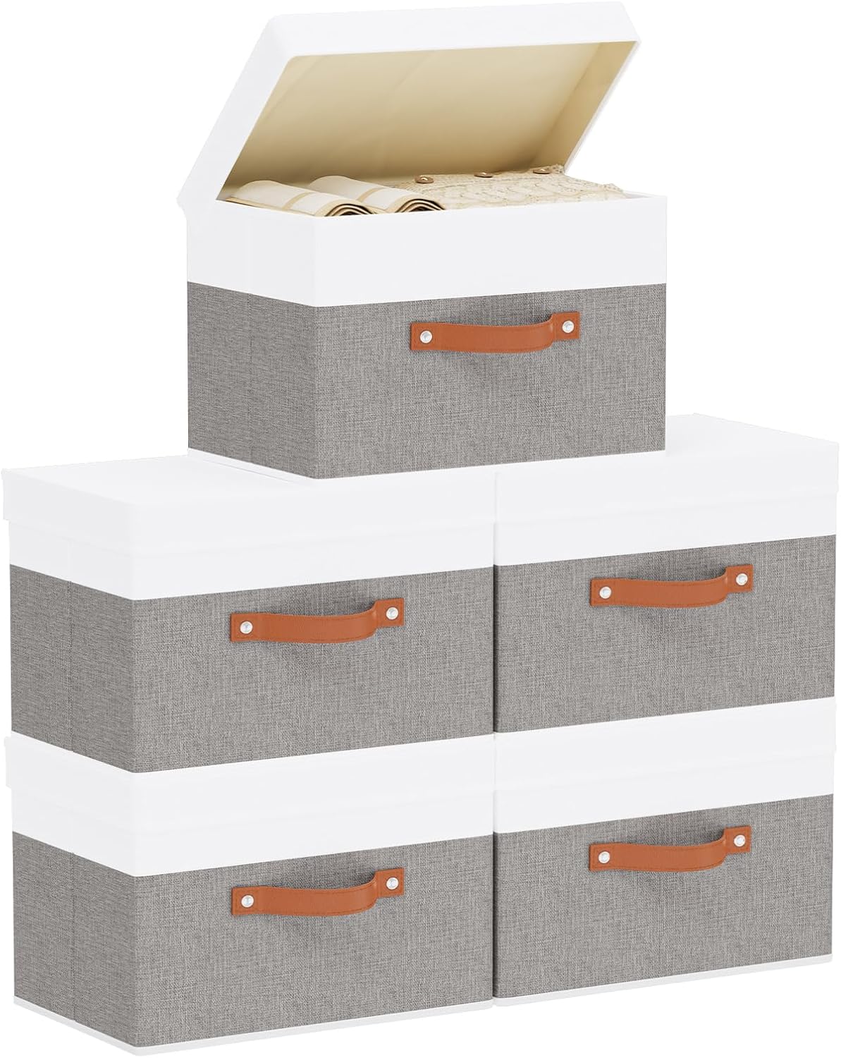 Fabric Storage Bins with Lids, 5 Pack Linen Foldable Cloth Baskets, 15 x 9.8 x 9.8 Inch Closet Organizer Containers with Double Handles, Sweater Boxes for Bedroom, White and Grey