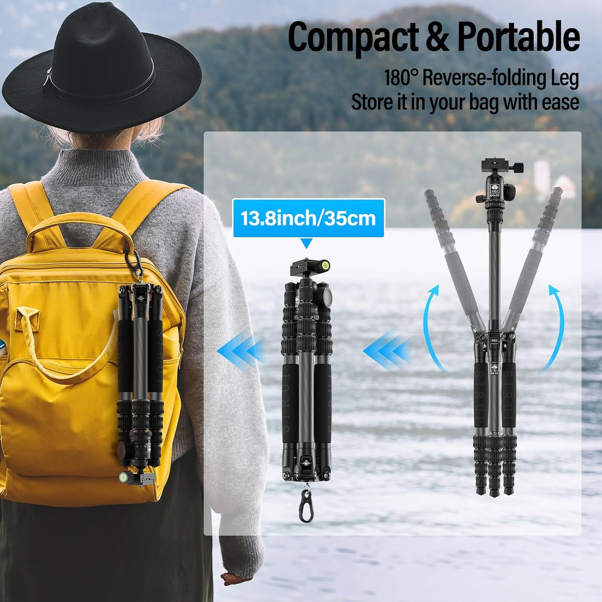 SIRUI Lightweight Carbon Fiber Travel Tripod, 6kg Load Capacity Compact Camera Support with Carry Bag, Portable for DSLR Mirrorless Cameras, Max Height 54" for Hiking Vacation Vlogging