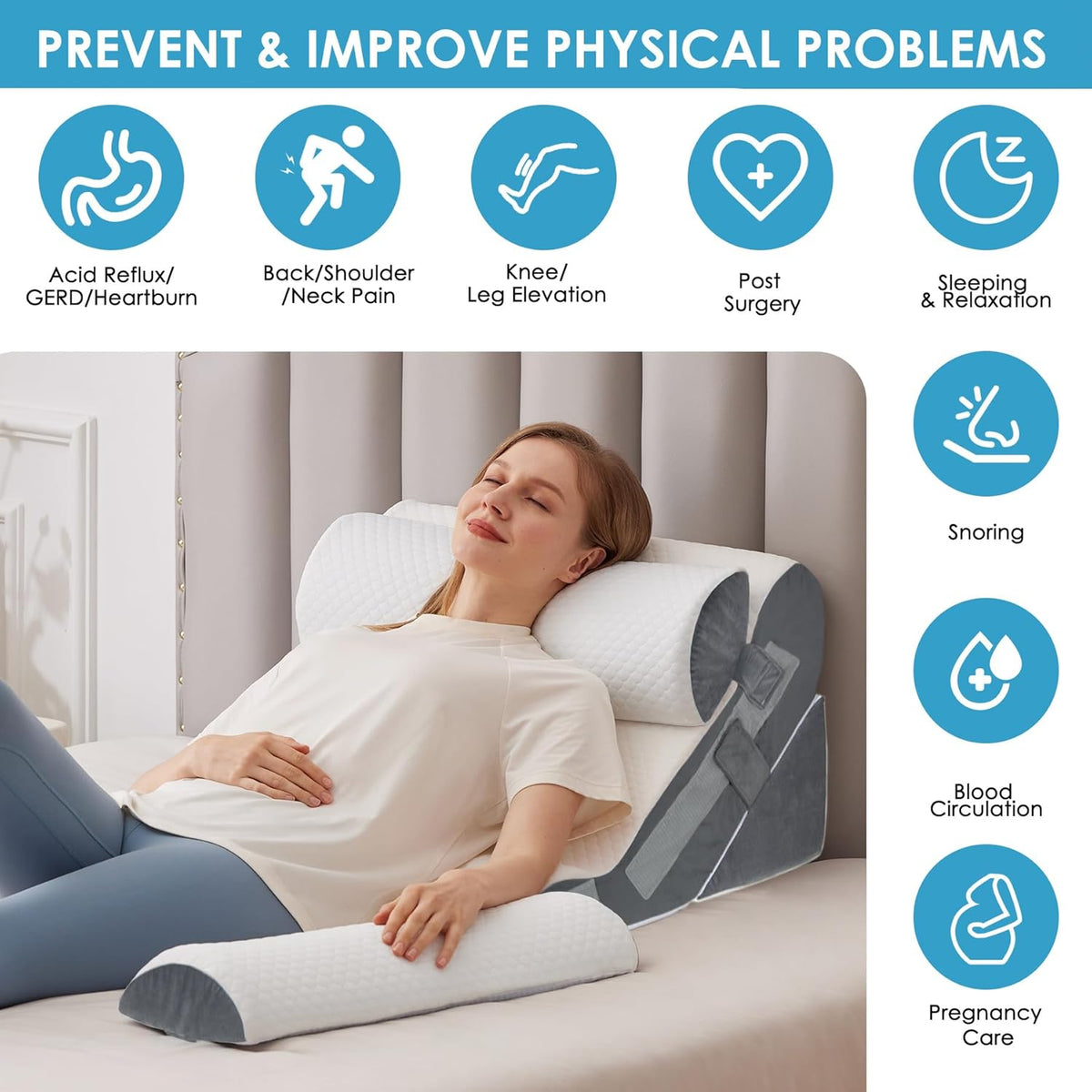 4PCS Bed Wedge Pillow for Headboard, Adjustable Wedge Pillow for Sleep Apnea, 23” Wide Triangle Pillow Wedge Set for After Surgery, Acid Reflux Relief, Snoring, Neck&Back Support, White/Grey