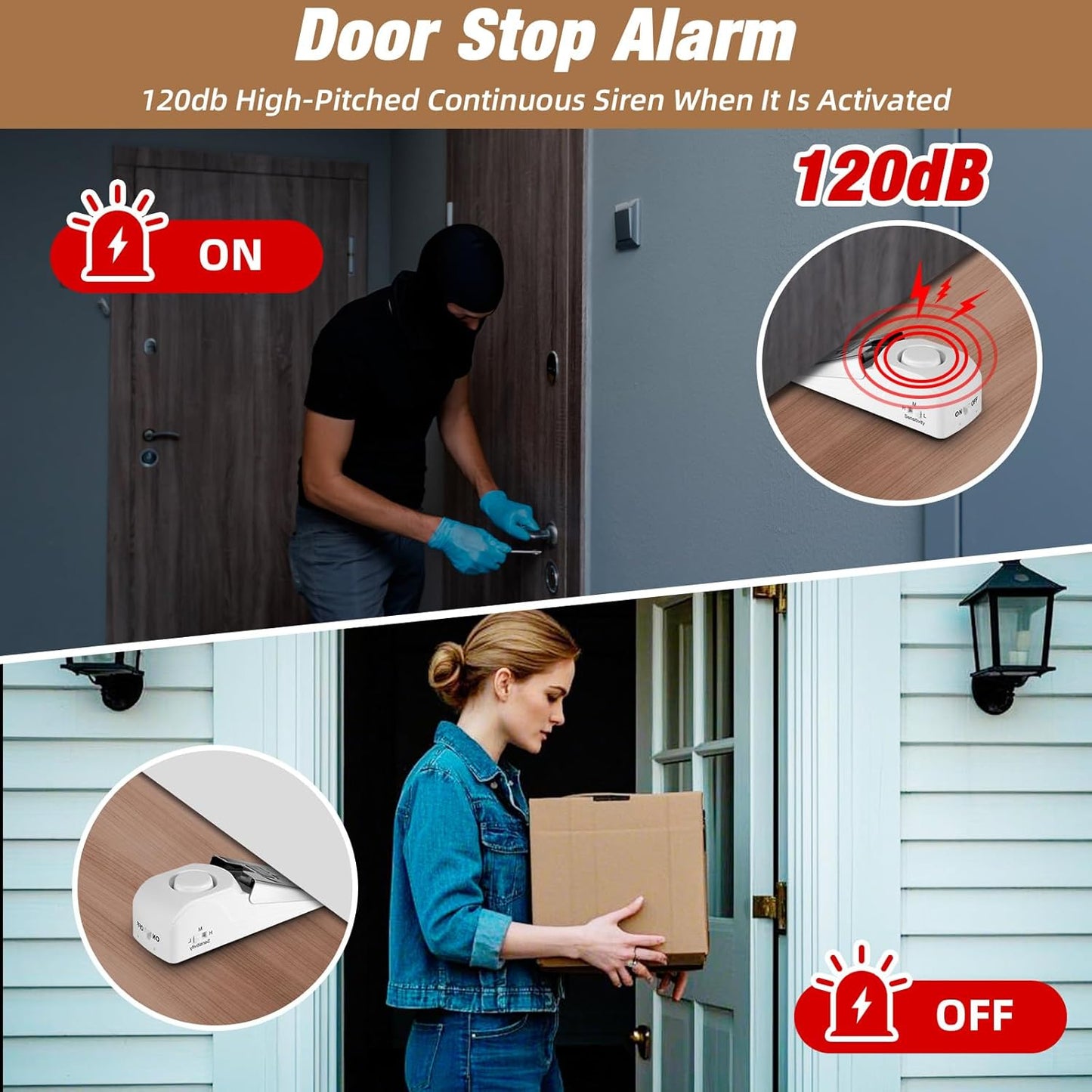 2 Pack Portable Door Lock & 120dB Travel Door Stopper Alarm, 3-Level Sensitivity Adjustable Travel Security Wedge for Hotel Home Apartment Dorm