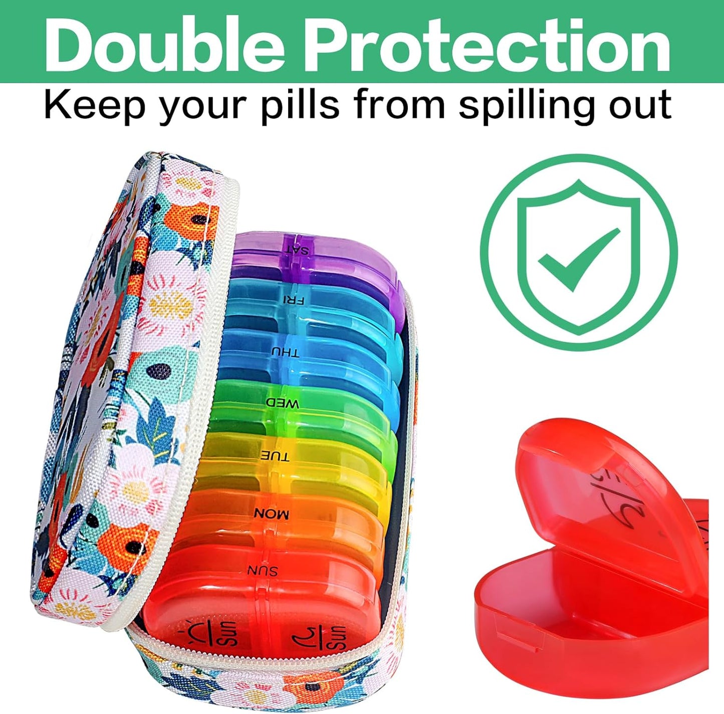 Serfeymi Weekly Travel Pill Organizer 2 Times A Day AM PM Rainbow Pill Box 7 Day with Zipper Canvas Pill Case, Medicine Organizer for Pills, Vitamins, Fish Oils - Purple 01+ Bloom 01