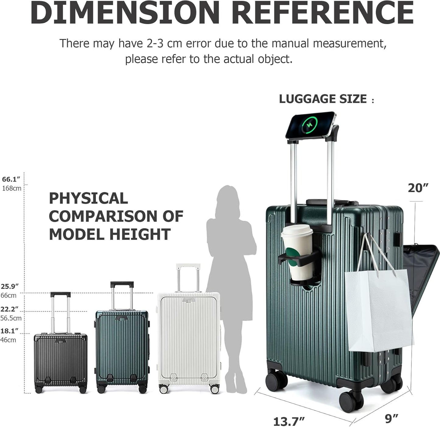 feilario 20in Aluminium Frame PC Hard Shell Spinner Wheels Luggage, Built-In TSA lock Carry on Suitcase, with Cup Holder, USB Port, Phone Holder