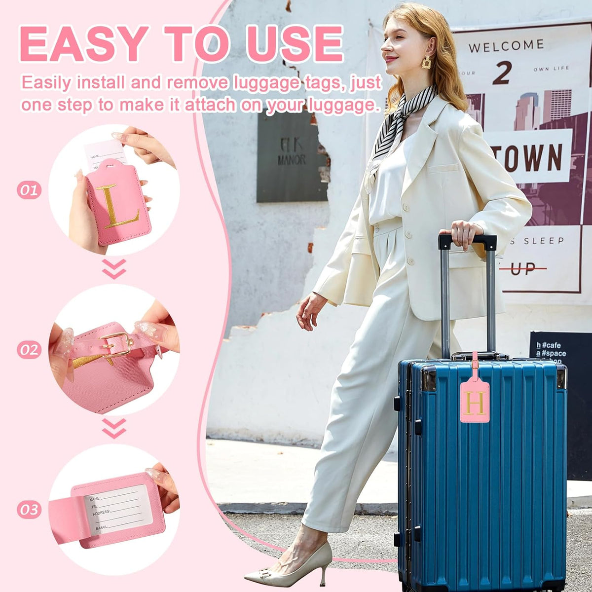 Personalized Initial Luggage Tags for Suitcase, Pink Leather Cute Luggage Tags with Privacy Cover Name Card, Embroidered Custom Monogrammed Luggage Tag Travel Bag Baggage Tags Gifts for Women Kids(H)