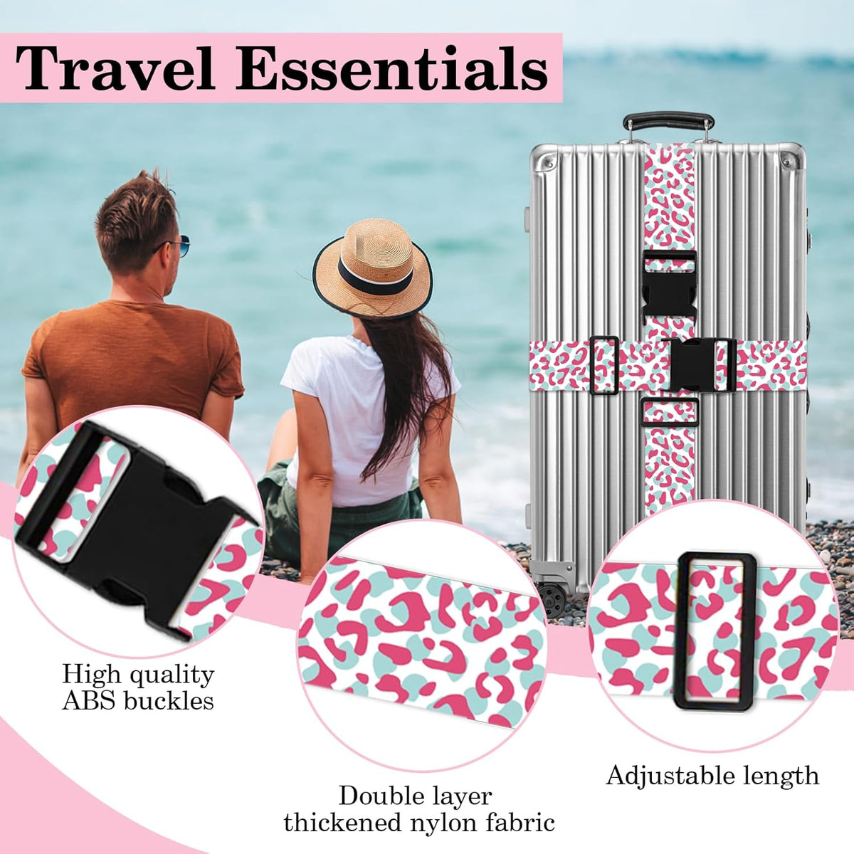 Pink Leopard Luggage Straps for Suitcases TSA Approved, Luggage Identifiers for Suitcase, Adjustable Suitcase Strap for Baggage Security with Cute Patten, Travel Necessary Accessories
