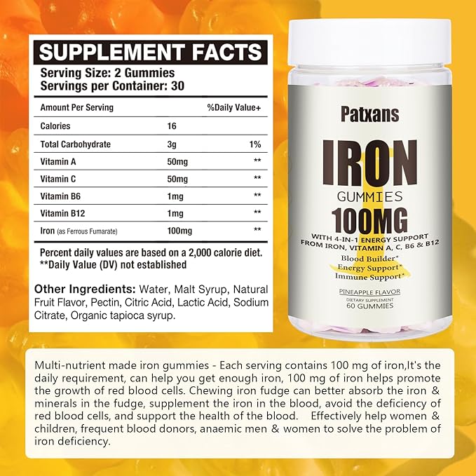 1 Pack 100MG Iron Supplement Gummies for Women & Men - with Vitamin A, C, B - Energy Support for Iron Deficiency, Anemia, Adults ＆ Children, Pineapple Flavor Gummy, 60ct