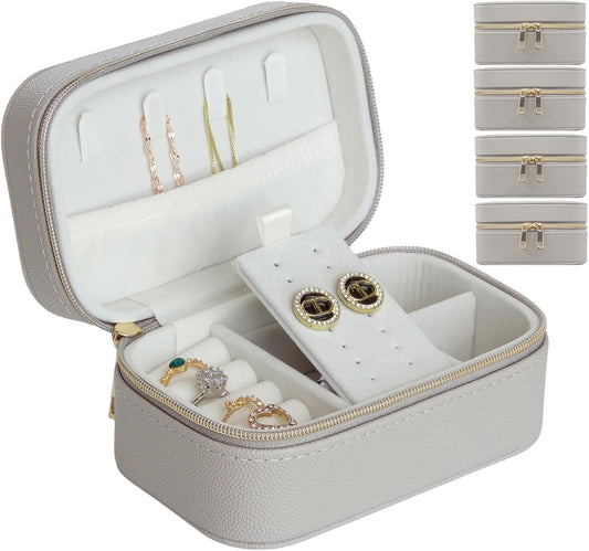 Travel Jewelry Case Bulk Of 4 For Women Weekend Trips, Gold Zip, PU Leather Compact Jewelry Organizer For Earring Bracelets Gray Travel Jewelry Box Set 4 Perfect For Small Bridesmaid Jewelry Box Gift