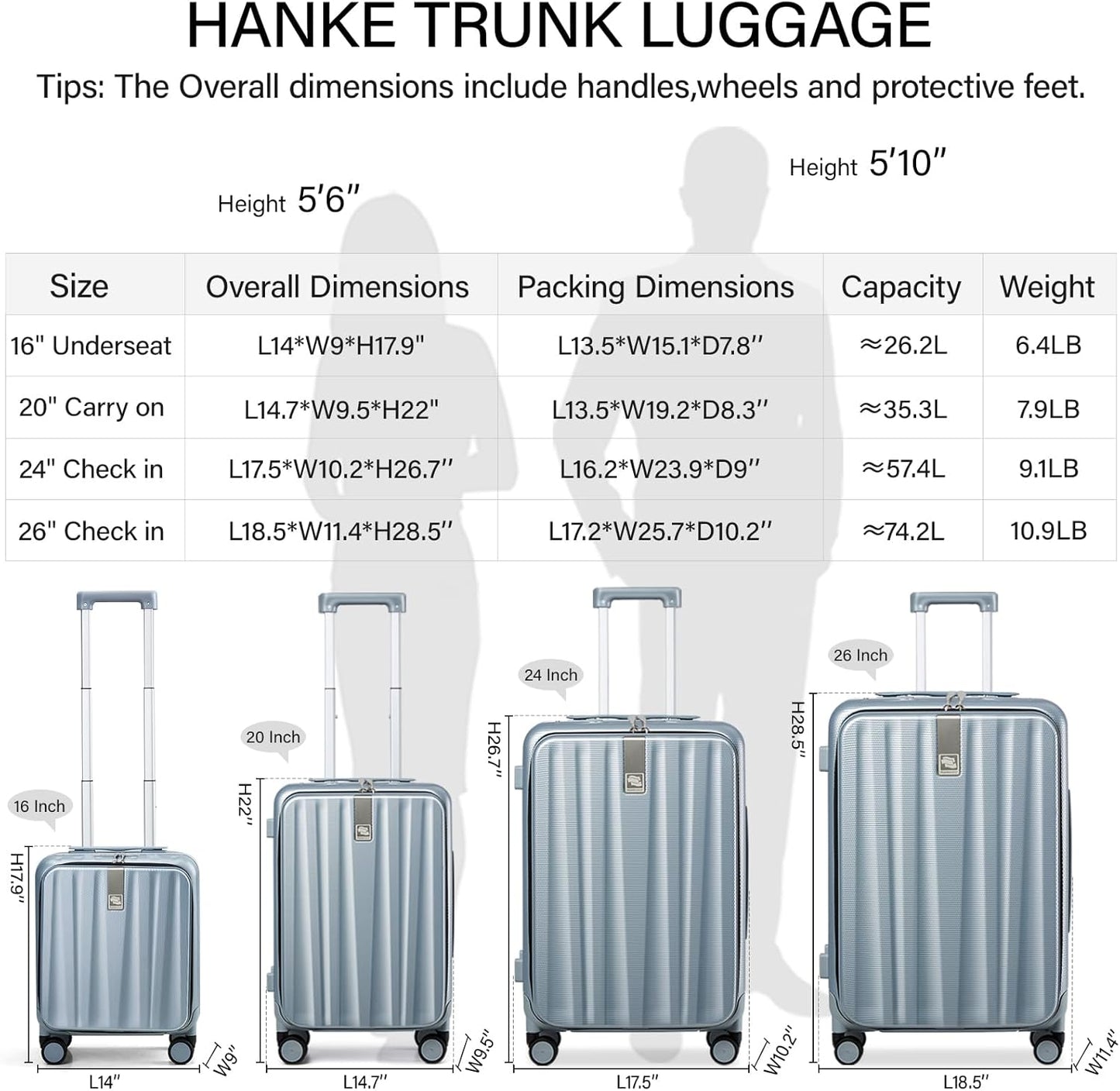 Hanke 24 Inch Checked Luggage Front Opening Rolling Suitcase Hard Sided Luggage with Spinner Wheels for Travel Woman Men.(Grey)