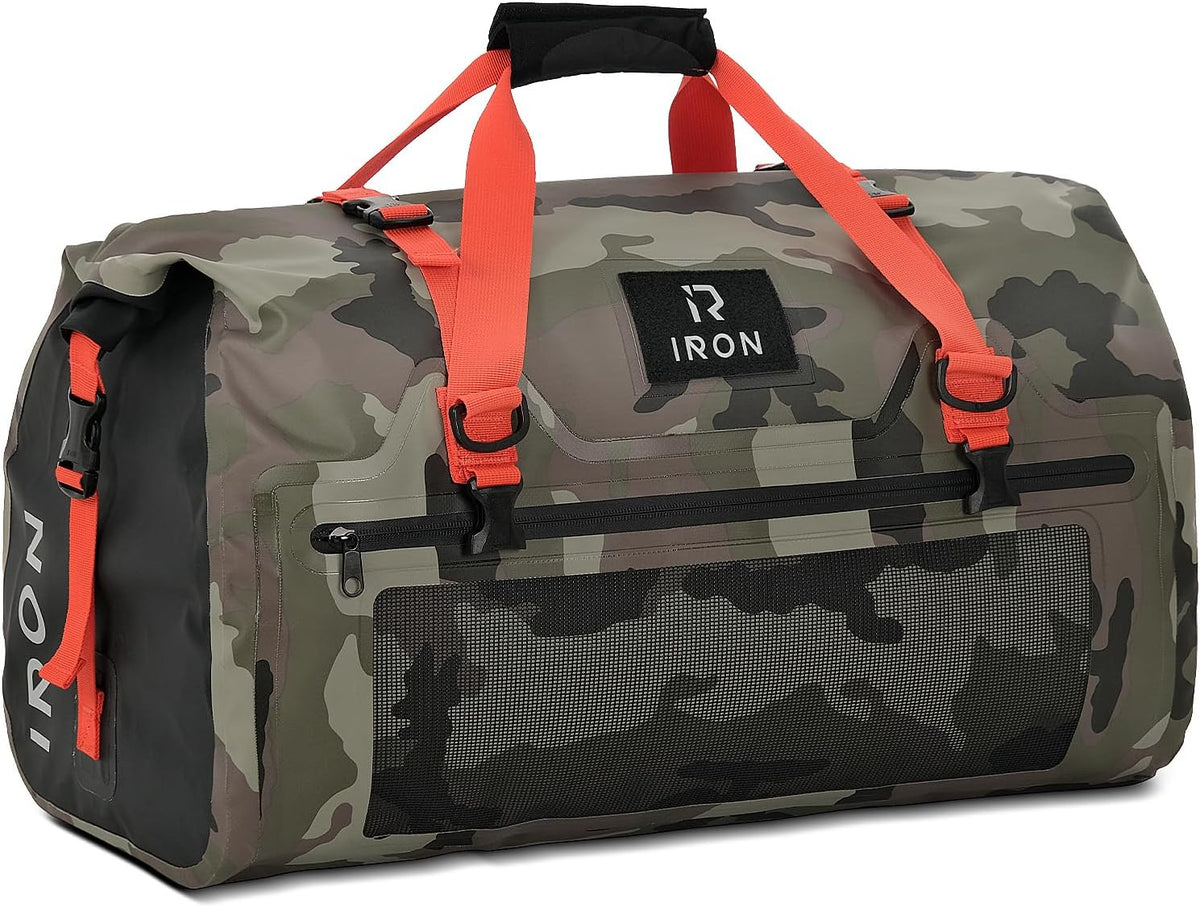 BORLENI Waterproof Motorcycle Dry Duffel Bag Luggage Tail Bag with Large Storage Space,Roll Top Closure, Shoulder Straps, Inner Pocket and Mesh Pocket for Motorcycling Travel Camping(Camouflage,50L)