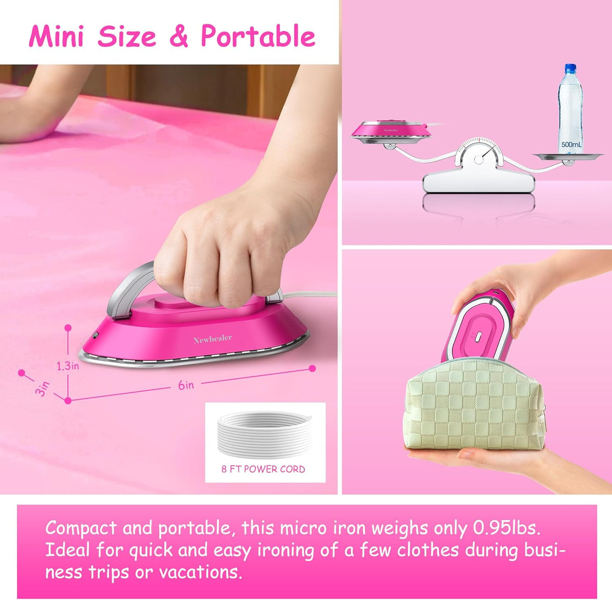 Newbealer Travel Iron with Dual Voltage - 120V/220V Lightweight Dry Iron for Clothes (No Steam), Non-Stick Ceramic Soleplate, 302℉ Heat Press Machine, w/Spray Bottle, Pouch & Silicone Stand (Hotpink)